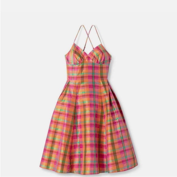 Isaac Mizrahi Pink and Green Plaid Midi Dress - Picture 1 of 11